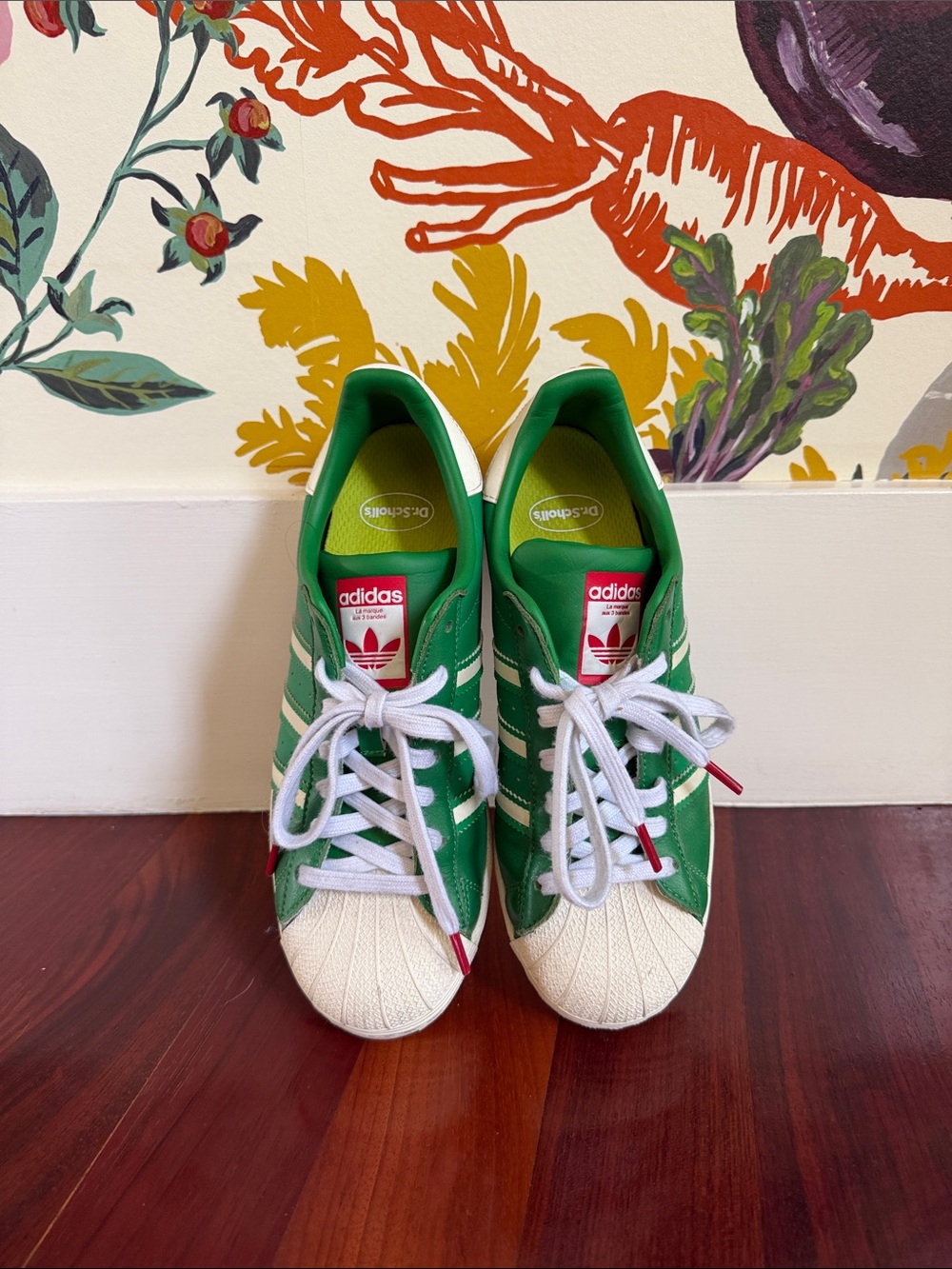 adidas Green and White Superstar Sneakers with Red Accents